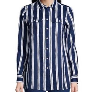 Lands End Linen Button Down Striped Top Camp Shirt Long Sleeve Tunic Resort Vaca